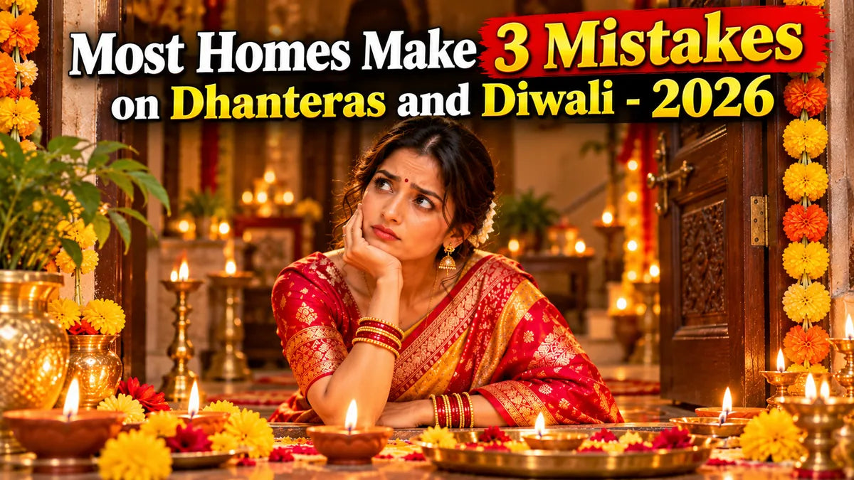 Most Homes Make 3 Mistakes on Dhanteras and Diwali 2026: worried woman in red saree sitting with diyas