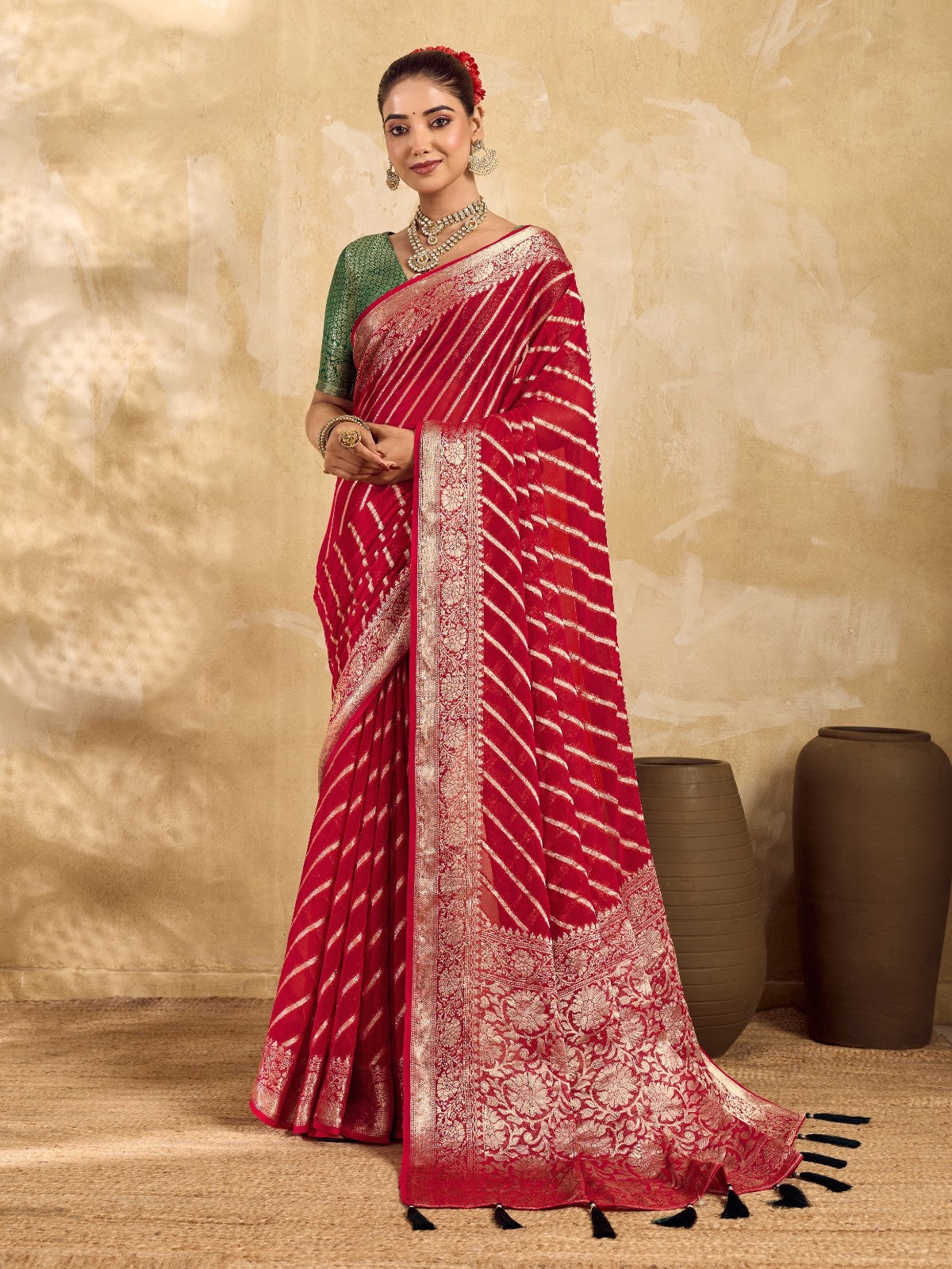 Buy New Pure khaddi Georgette Banarasi Handloom Leheriya Zari Weaving Saree