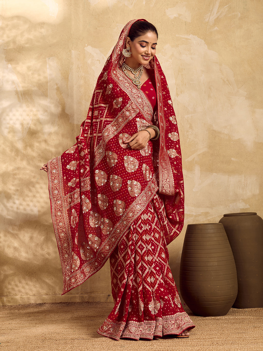 Buy Georgotte Bandhani Style Saree KcPc