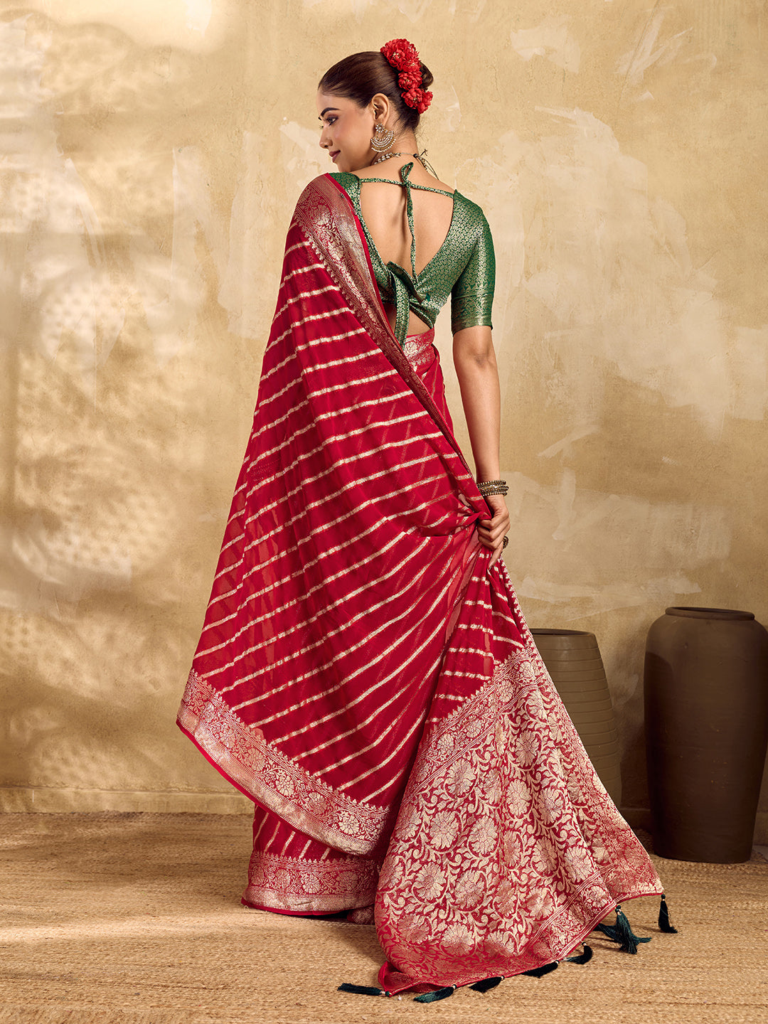 Buy New Pure khaddi Georgette Banarasi Handloom Leheriya Zari Weaving Saree