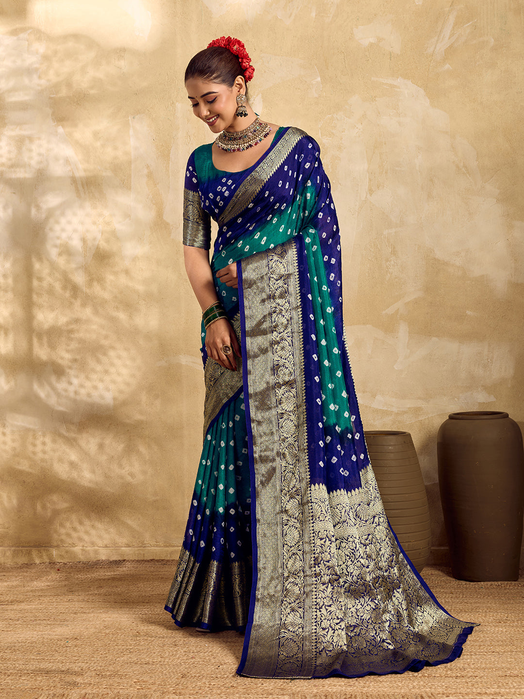 New Viscos Silk Bandhani Saree With Zari Border kcpc sam Rama Royal Blue RBW