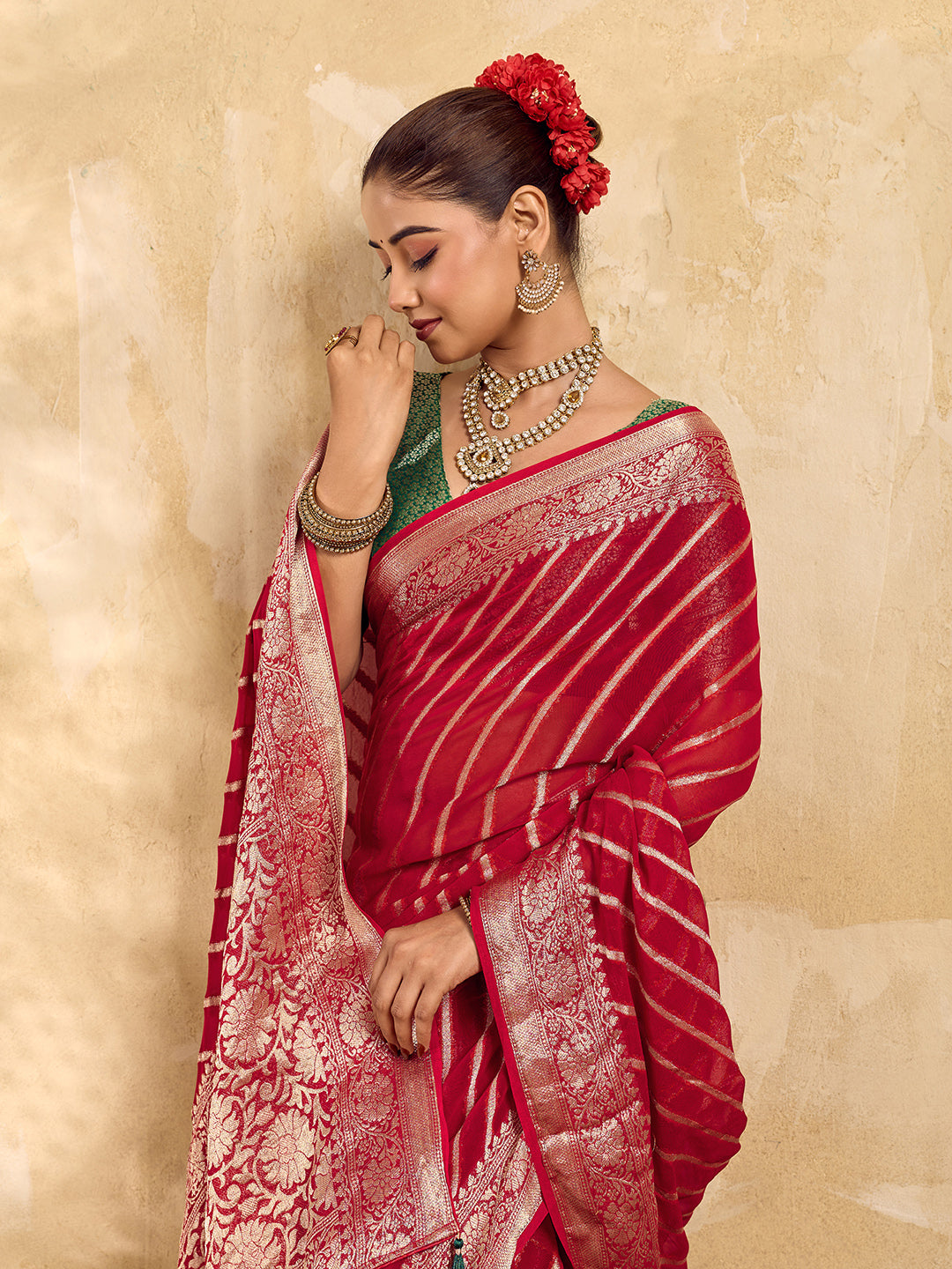 Buy New Pure khaddi Georgette Banarasi Handloom Leheriya Zari Weaving Saree