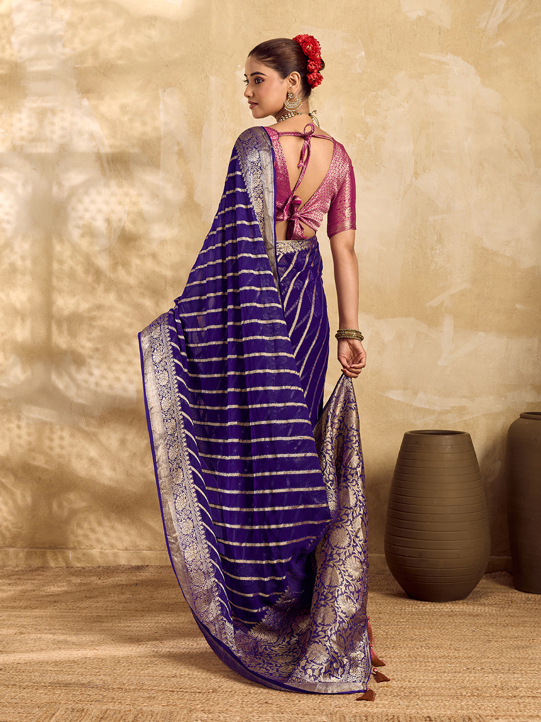 Buy New Pure khaddi Georgette Banarasi Handloom Leheriya Zari Weaving Saree