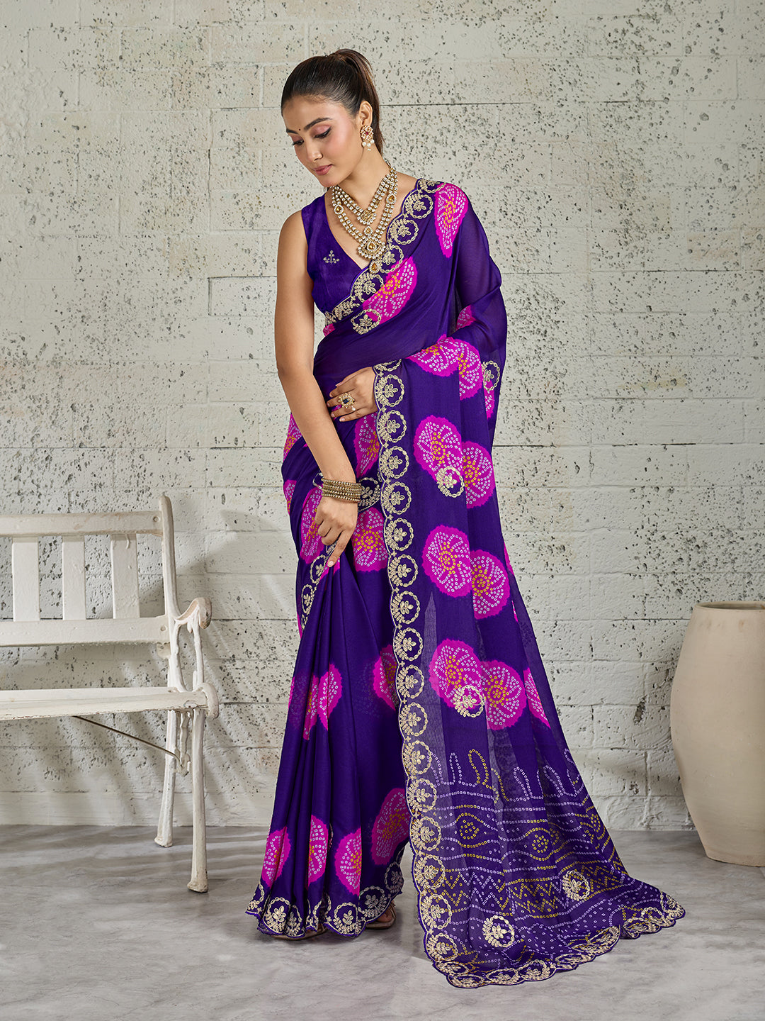 KcPc New Festive Bandhani Style Georgette Saree with Pattern Work PDM