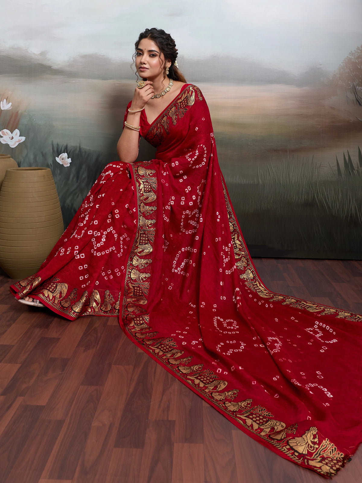 KcPc Handmade Bandhej Bandhani Viscos Silk Saree RBW