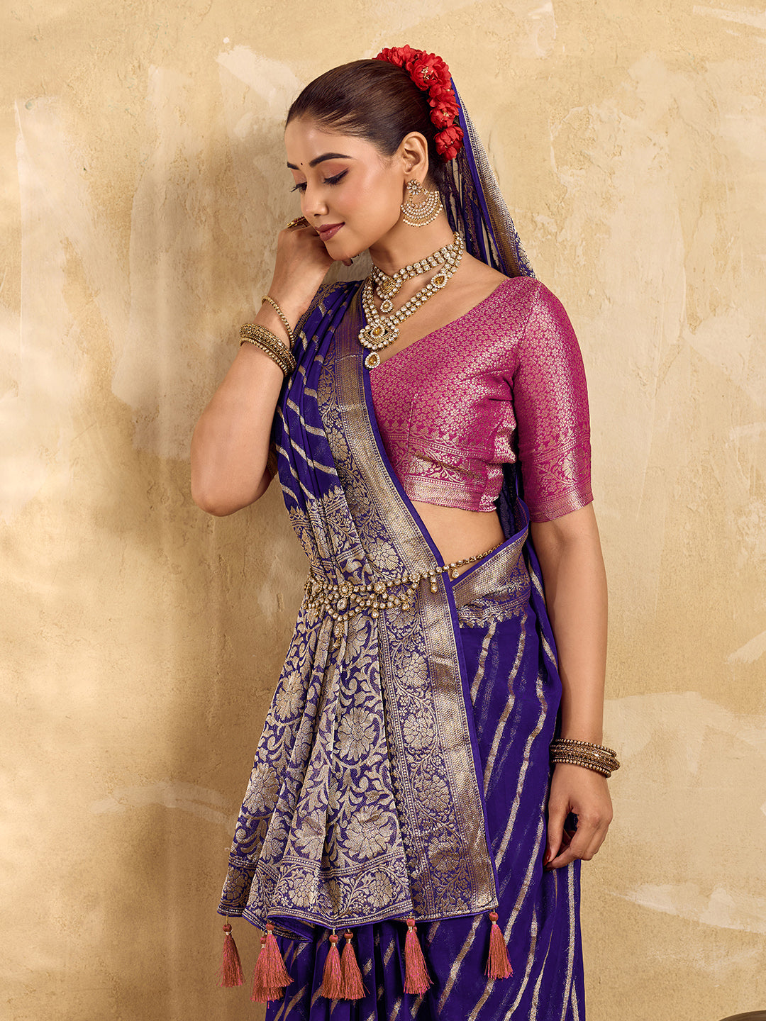 Buy New Pure khaddi Georgette Banarasi Handloom Leheriya Zari Weaving Saree