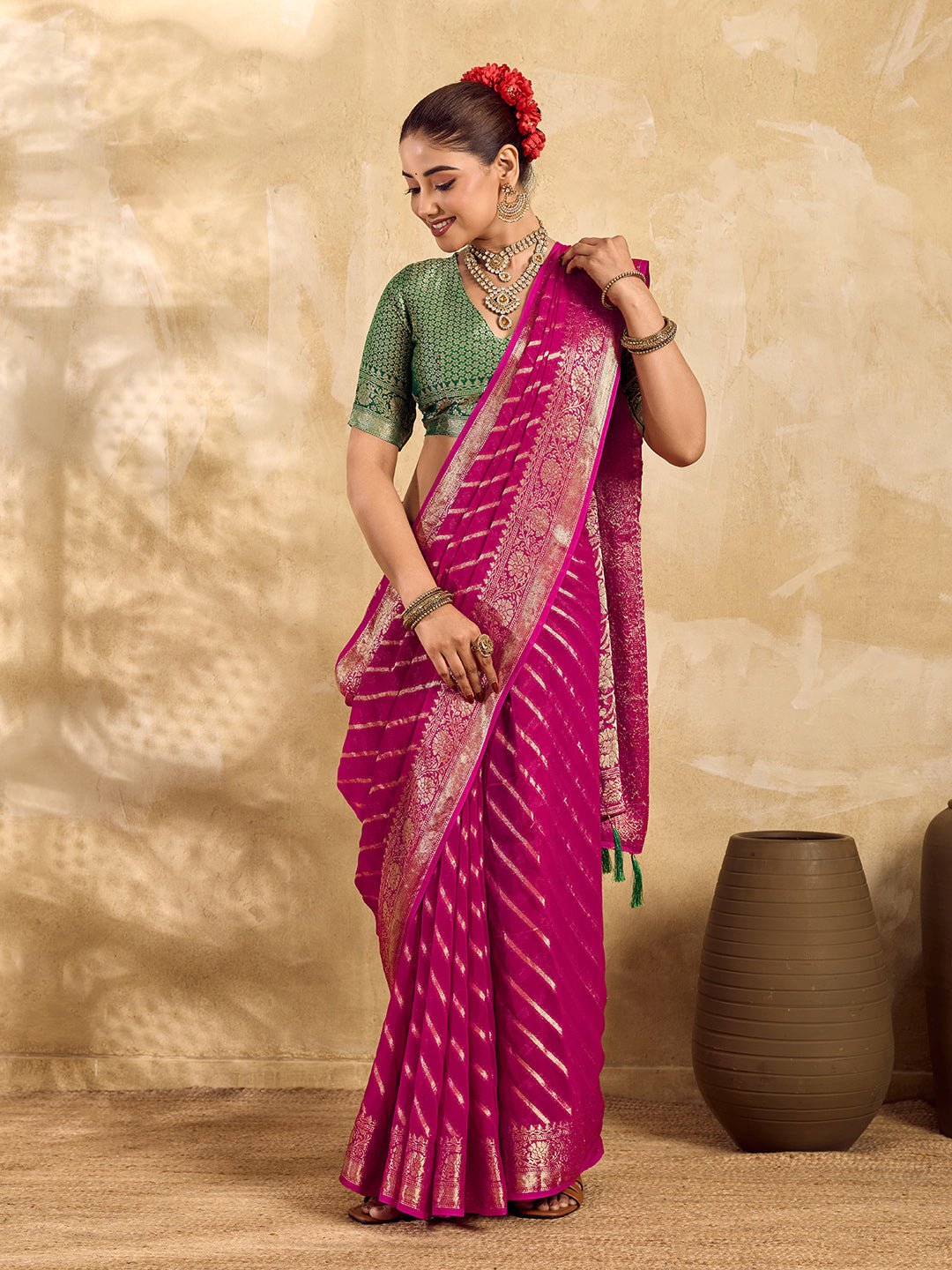 KcPc Pure khaddi Georgette Banarasi Handloom Leheriya Zari Weaving SareeMAHA