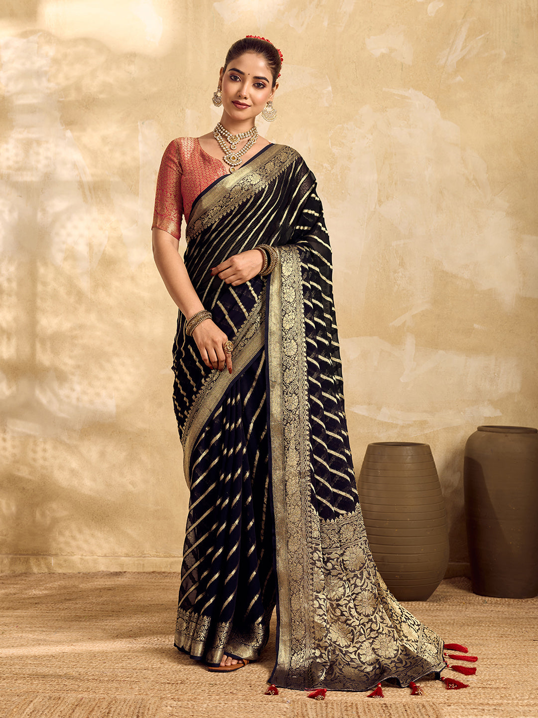 BuyNew Pure khaddi Georgette Banarasi Handloom Leheriya Zari Weaving Saree