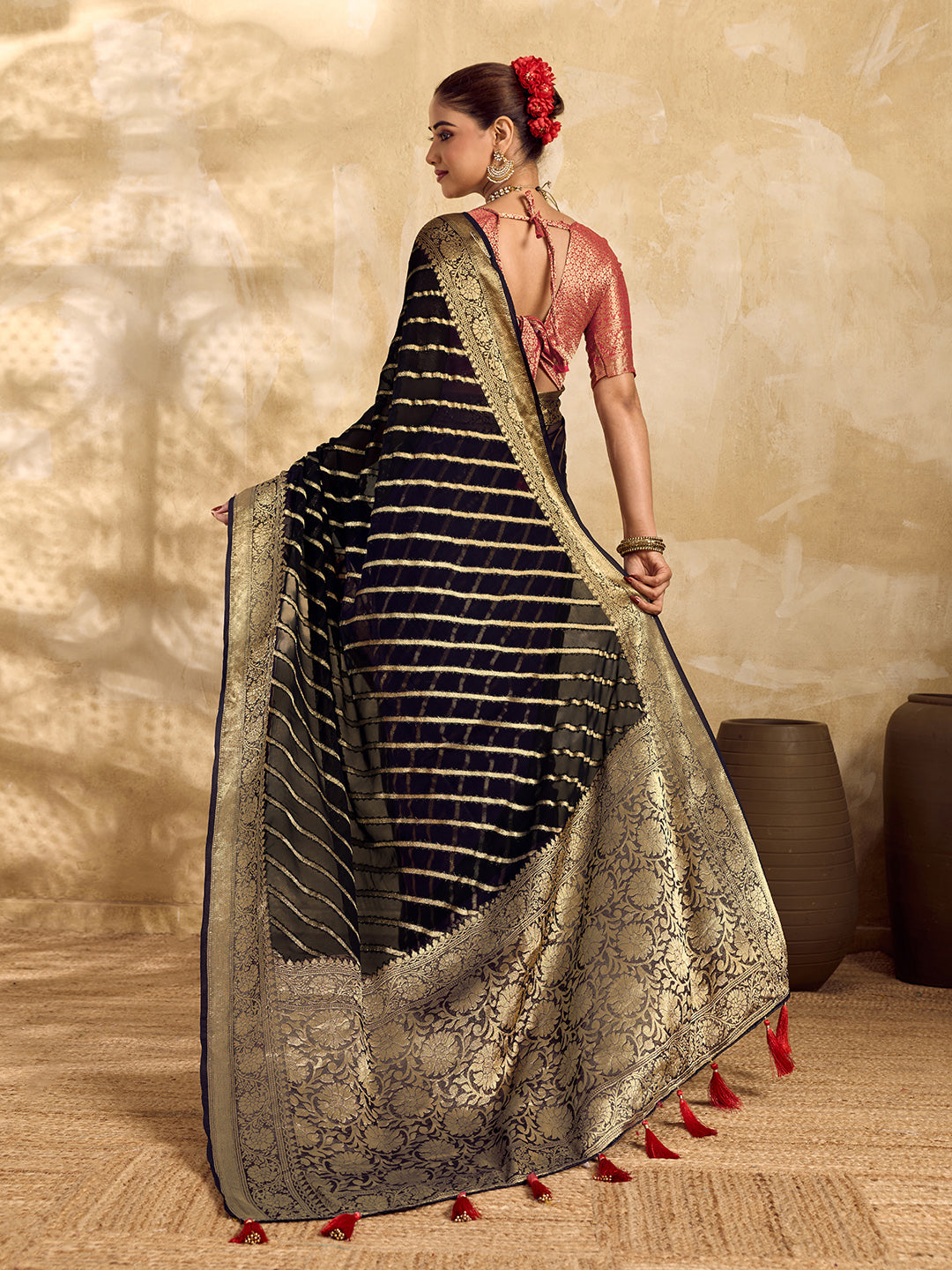 BuyNew Pure khaddi Georgette Banarasi Handloom Leheriya Zari Weaving Saree