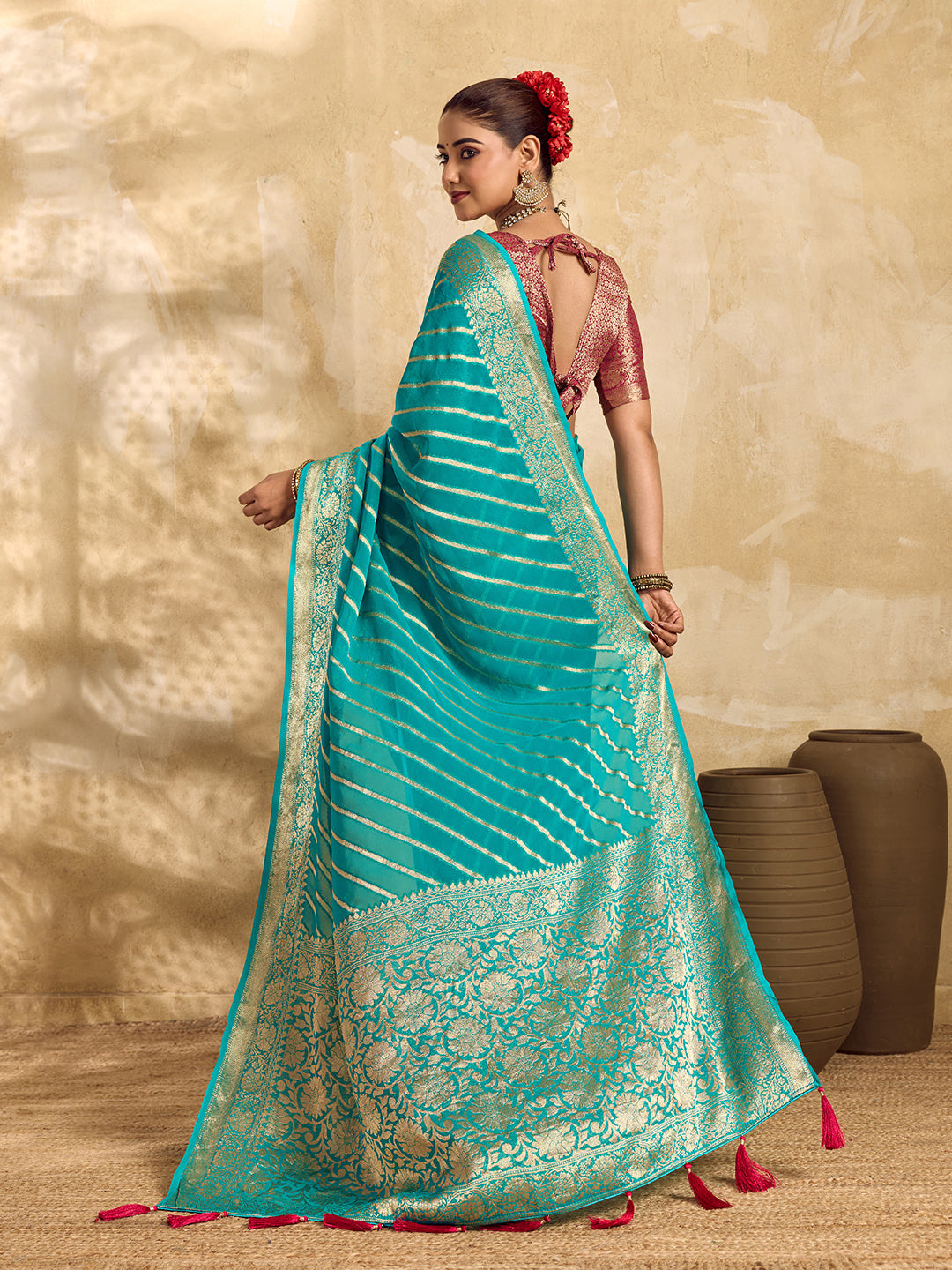 Buy New Pure khaddi Georgette Banarasi Handloom Leheriya Zari Weaving Saree