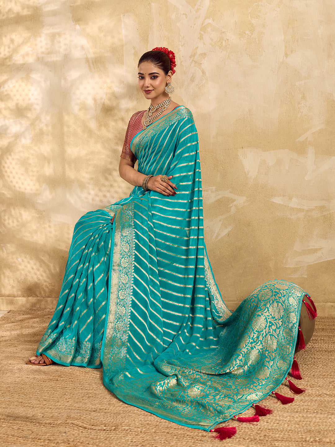 Buy New Pure khaddi Georgette Banarasi Handloom Leheriya Zari Weaving Saree