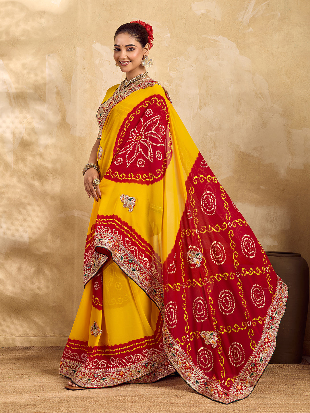 Gotapatti Work saree in rajsthani chunri peela design