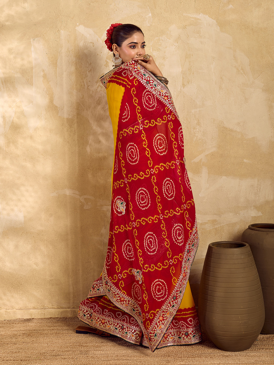 Gotapatti Work saree in rajsthani chunri peela design