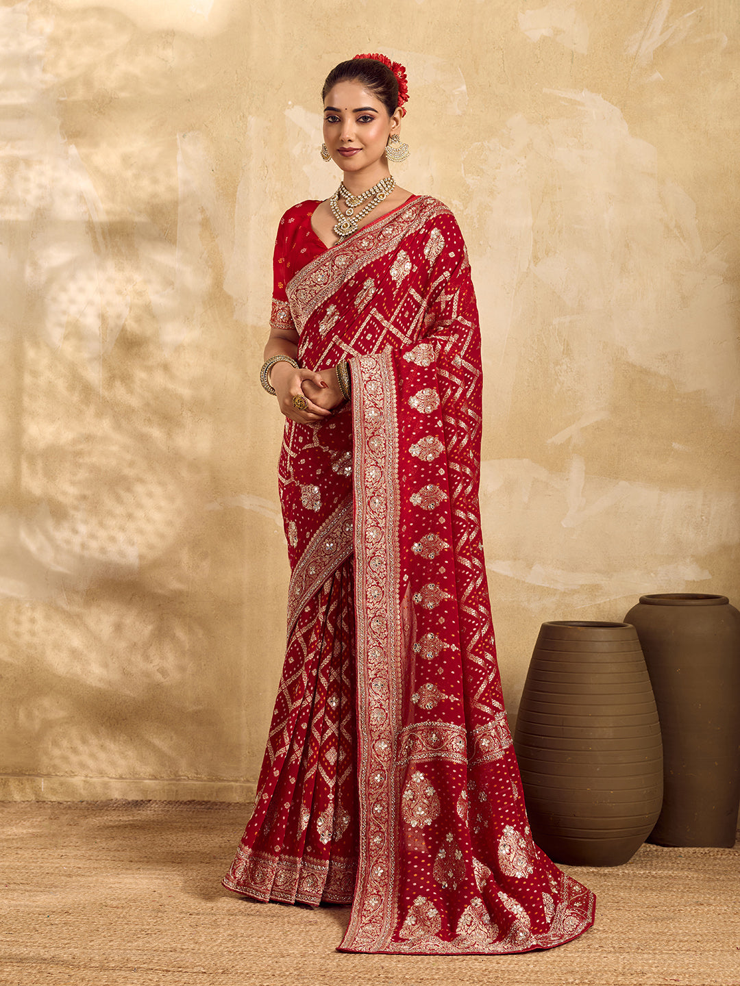 Buy Georgotte Bandhani Style Saree KcPc