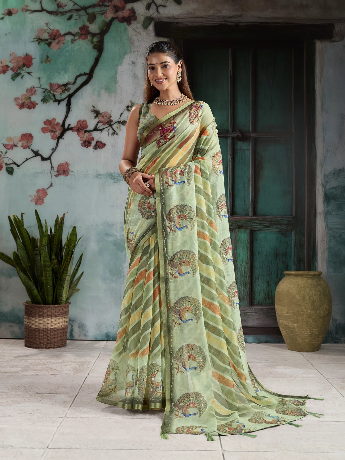 KcPc Traditional Leheriya Cotton Silk Saree with Designer Aari Tari WorkSTL