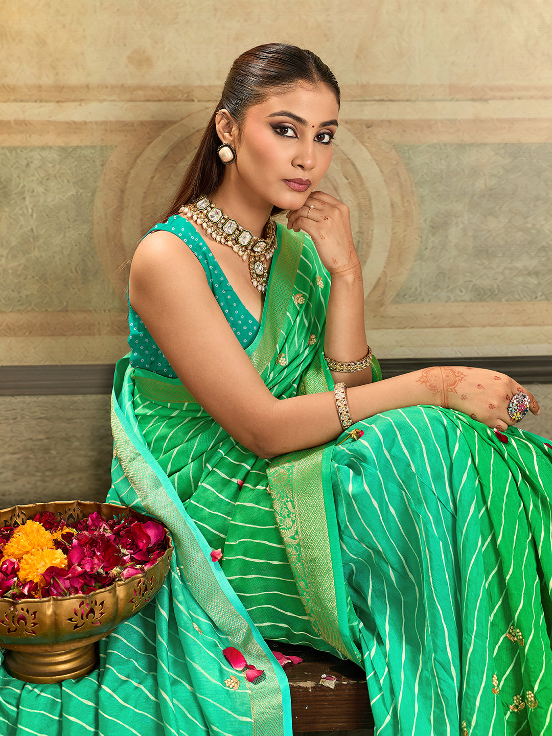 KcPc New Premium Leheriya Saree in Dola Silk with Hand Gota PattiSVD