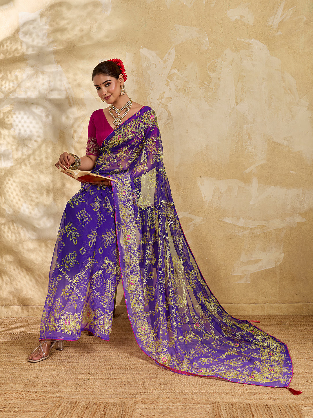 Buy Chiffon Saree Bandhani Style With Aari Work KcPc