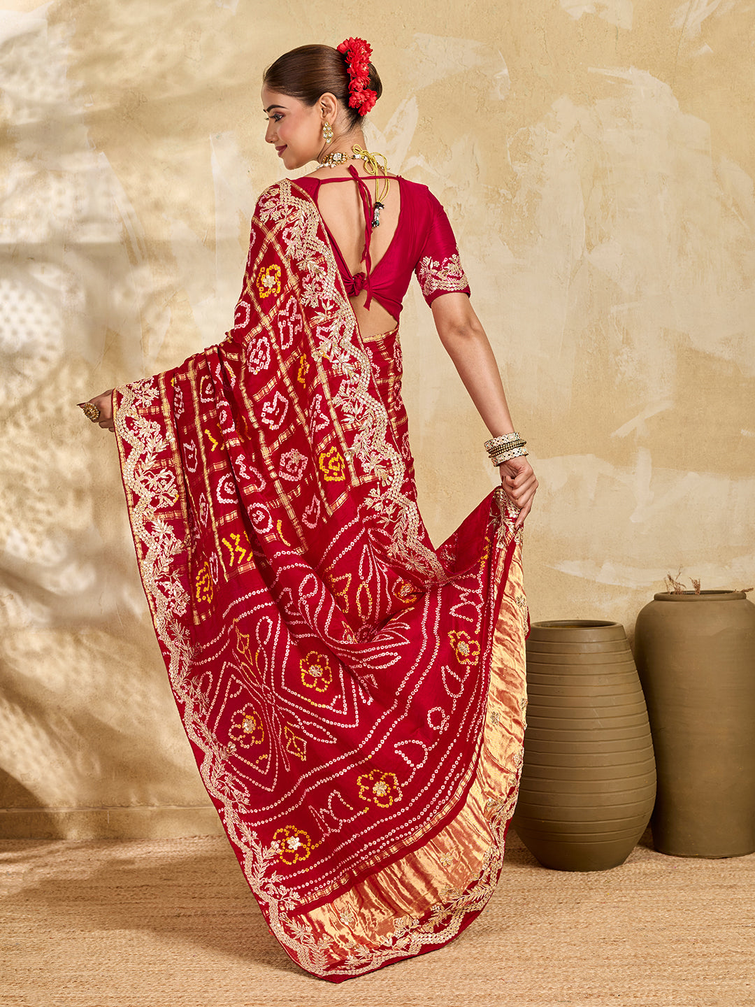 Buy Gaji Silk Saree With Bandhani Style Gota Patti Work KcPc