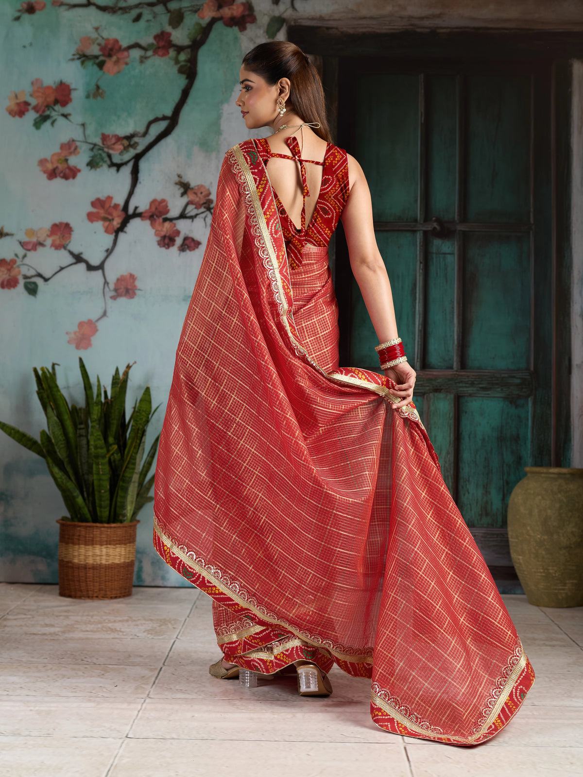 KcPc Embroidery Bandhani Border Kota Doria Saree SWA