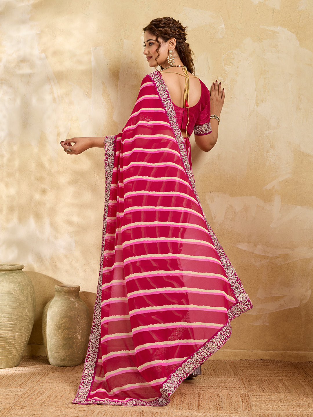 Chiffon Leheriya Style With Embroidery Border Work Saree in pink colour