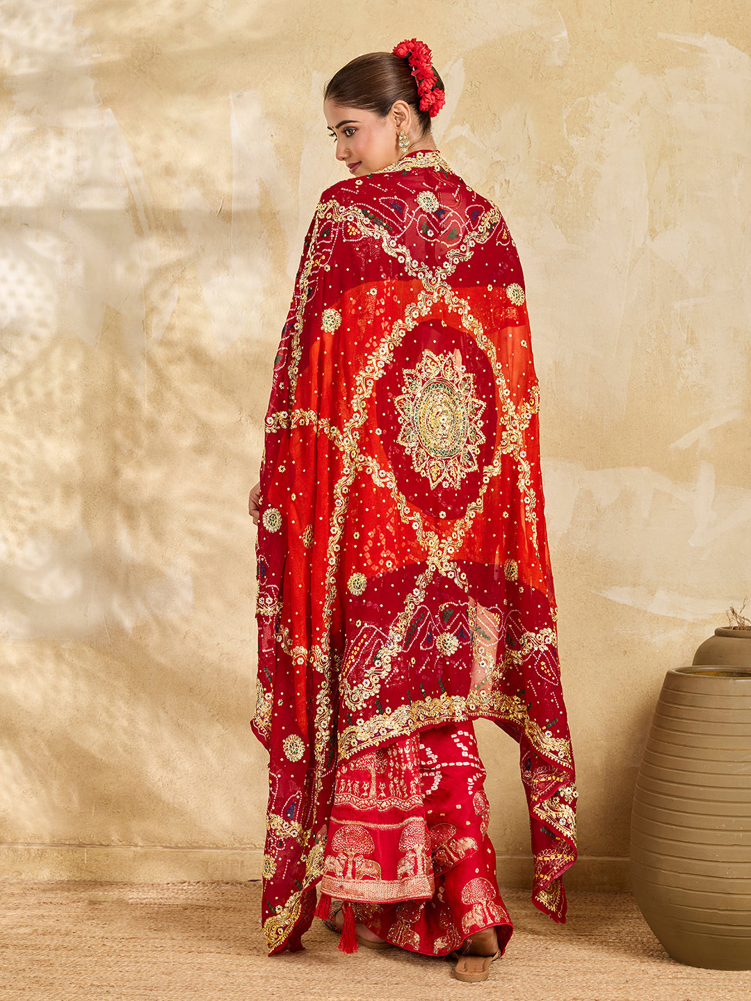 KcPc Latest Pure Georgette Rajasthani Chunri Dupattas Red Orange(pila)
