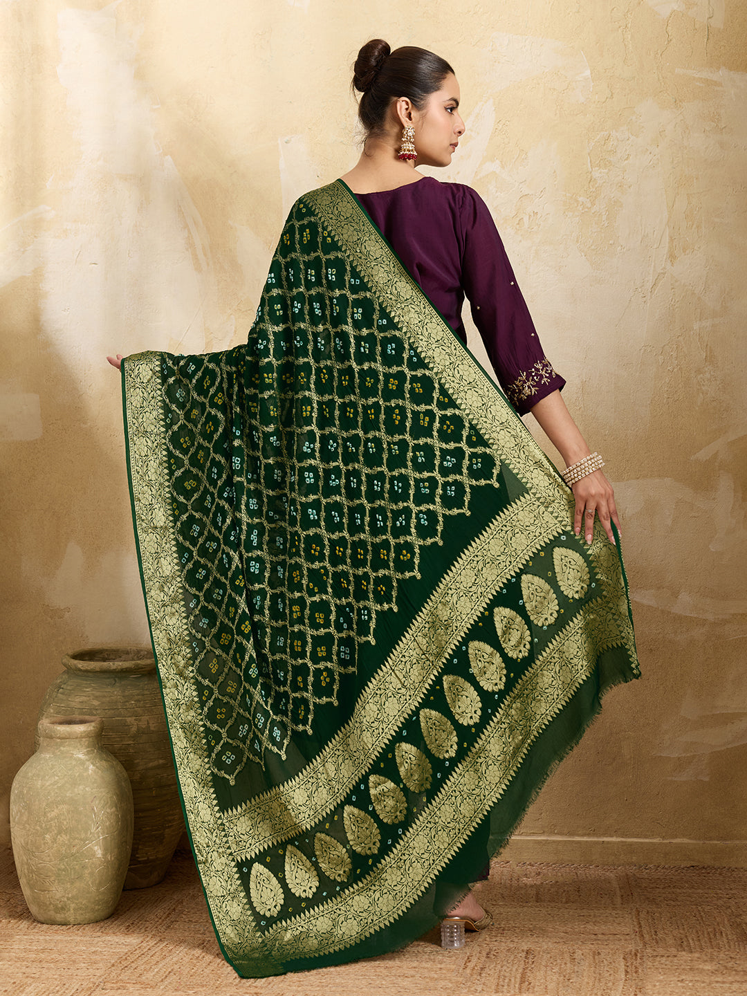 KcPc Pure Georgette Banarasi Bandhani Dupatta Bottle Green