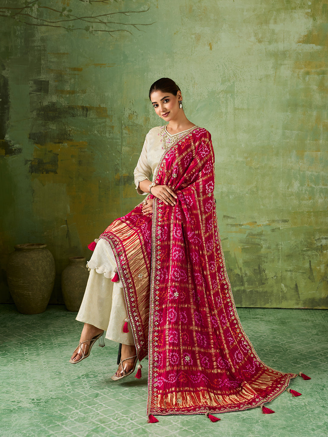KcPc New Elegant Gaji Silk Bandhani Style Dupatta with Rich Gota Patti Work AMT