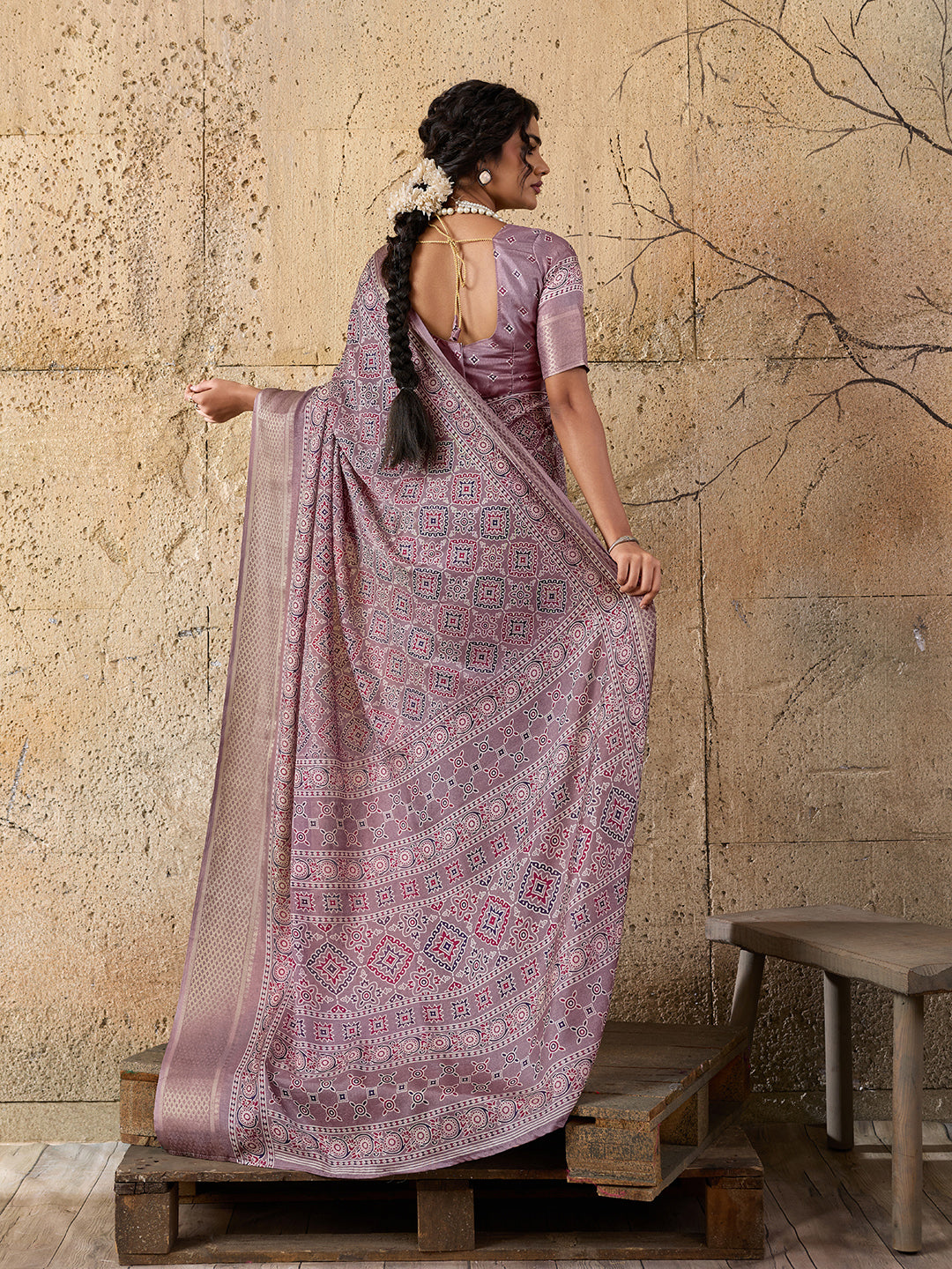 Buy Ajrakh style With Ajrakh HandPrint Work Saree