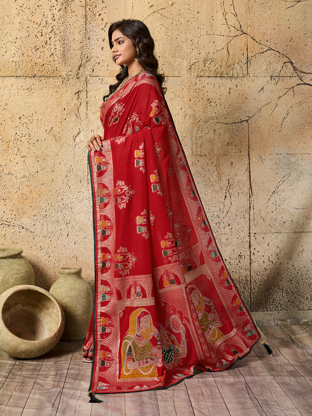 silk Dimond Work Saree in redcolour