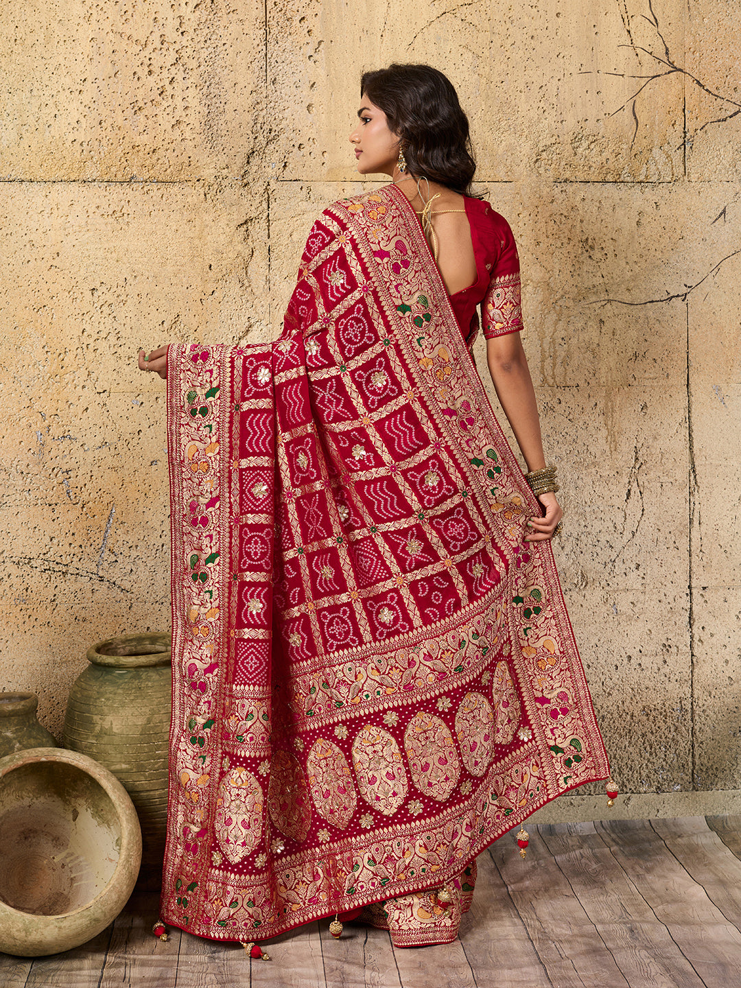 Georgette Gharchola Bandhej Cutdana Gotapatti Work Saree
