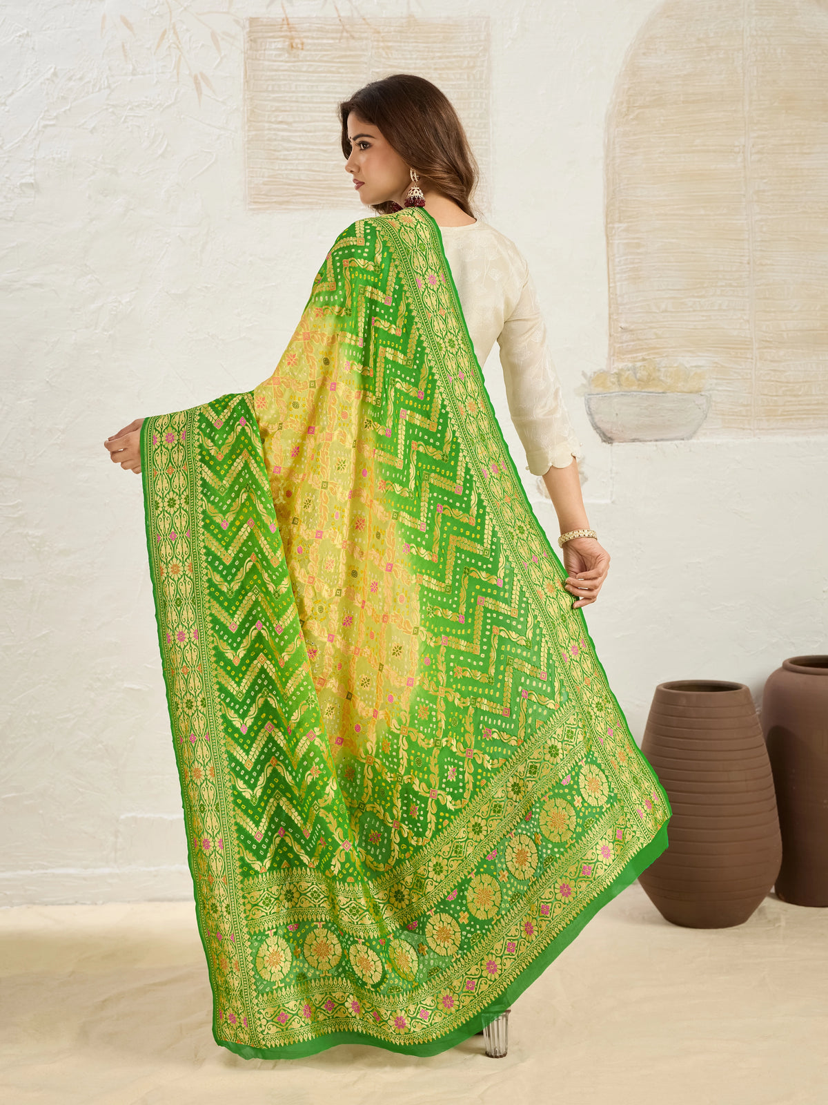 KcPc Pure Khaddi Georgette Meenakari Neemzari Bandhej Dupatta