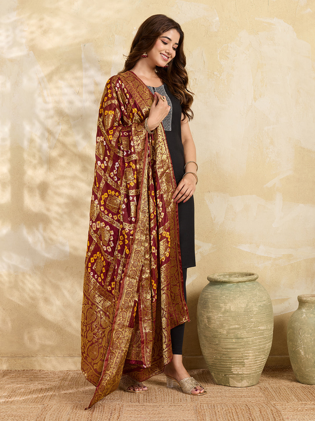 KcPc Royal Look Jacquard Silk Dupatta with Authentic Handmade Bandhani
