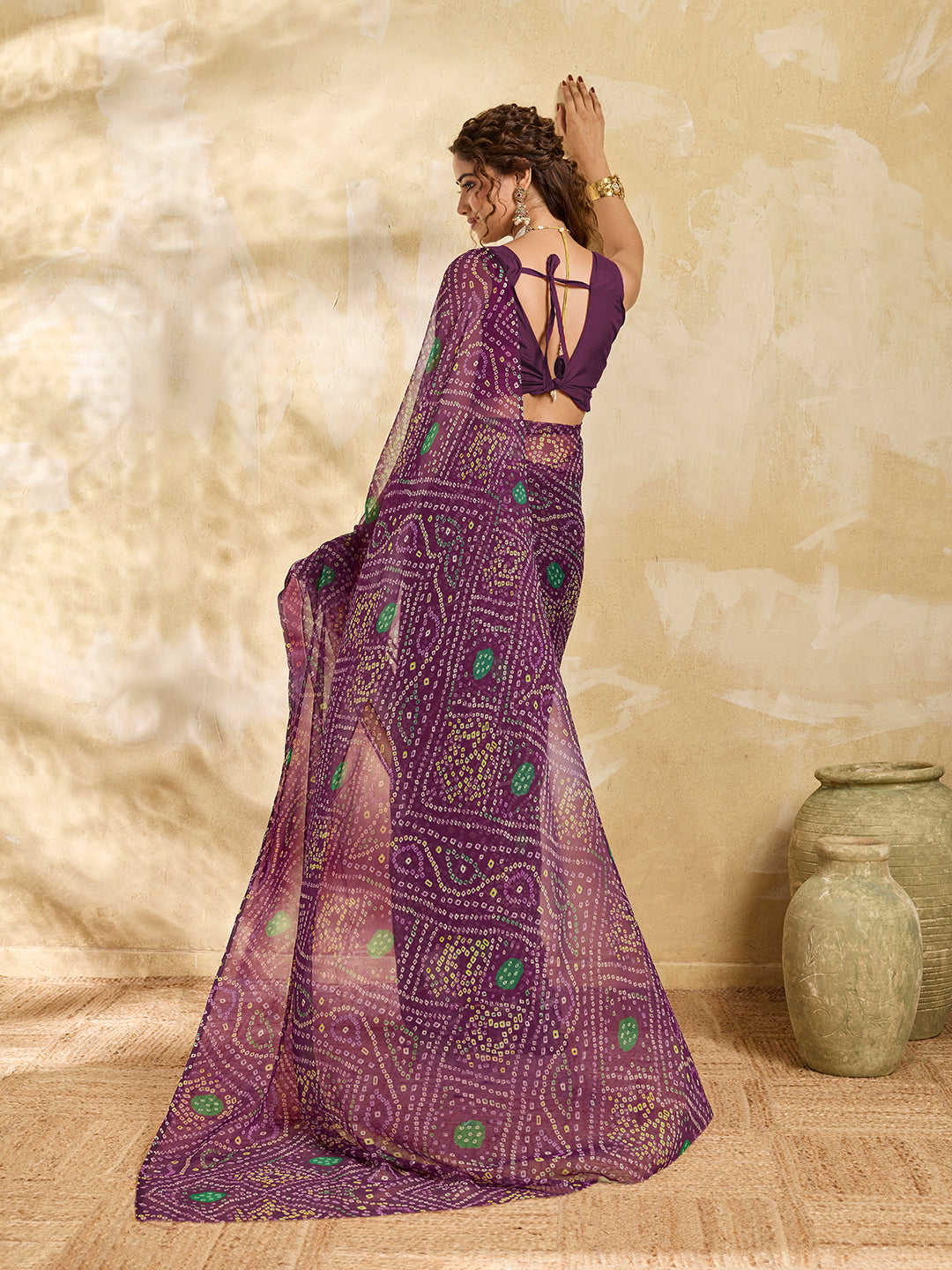 KcPc Rajwadi Style Royal Georgette Bandhani Sarees WineSTL