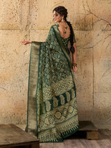 KcPc New beautifulCotton silk Ajrakh style With Ajrakh HandPrint Work Saree STL