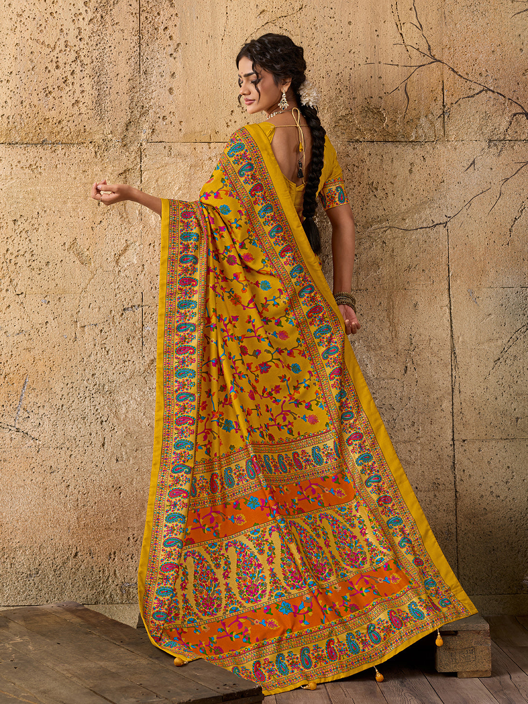 KcPc Latest handpickedpashmina silkFoil Print SareeSTR Mustard