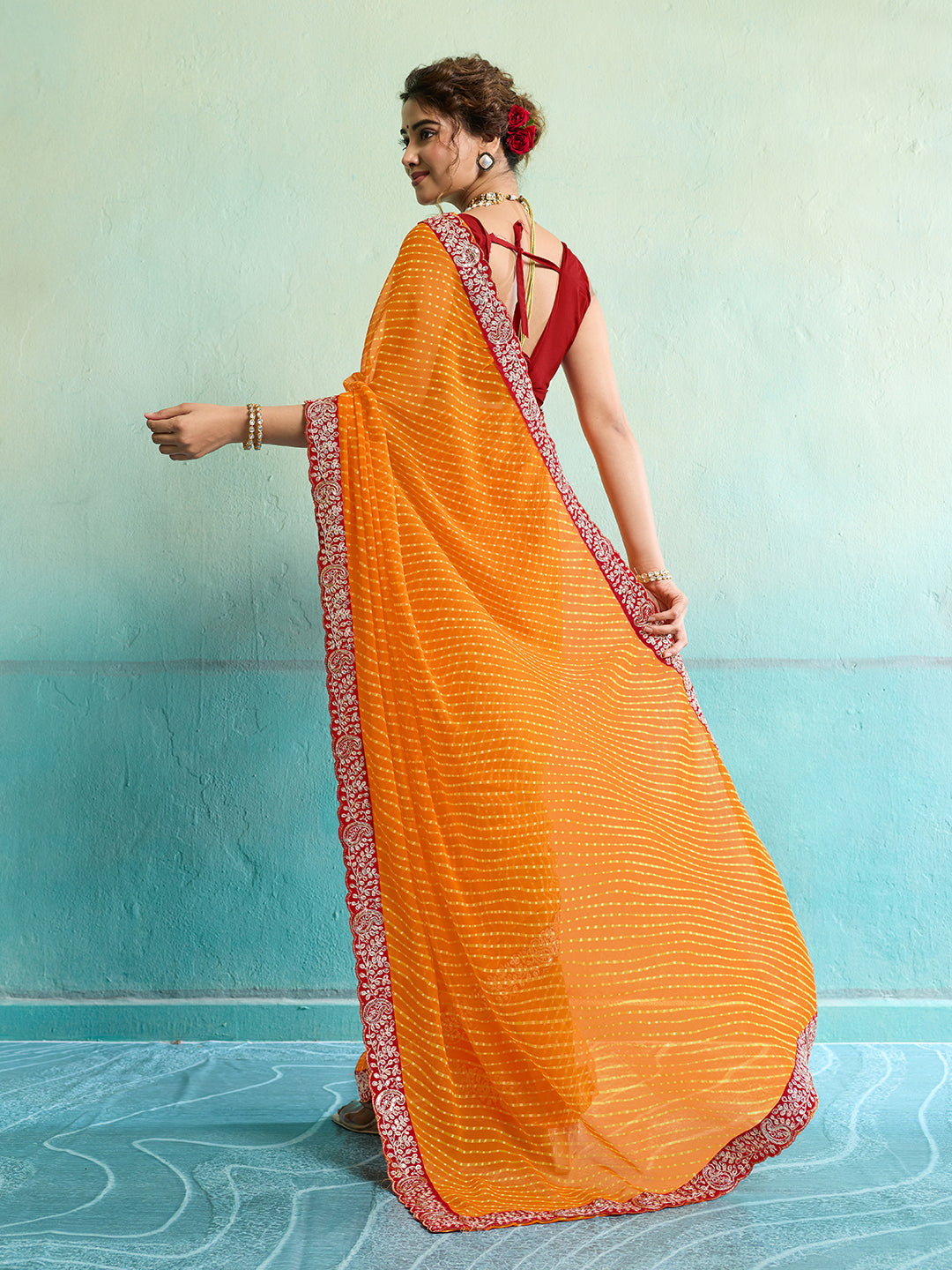 Buy New Spiceal Chiffon Leheriya Style With Embroidery Border Work Saree
