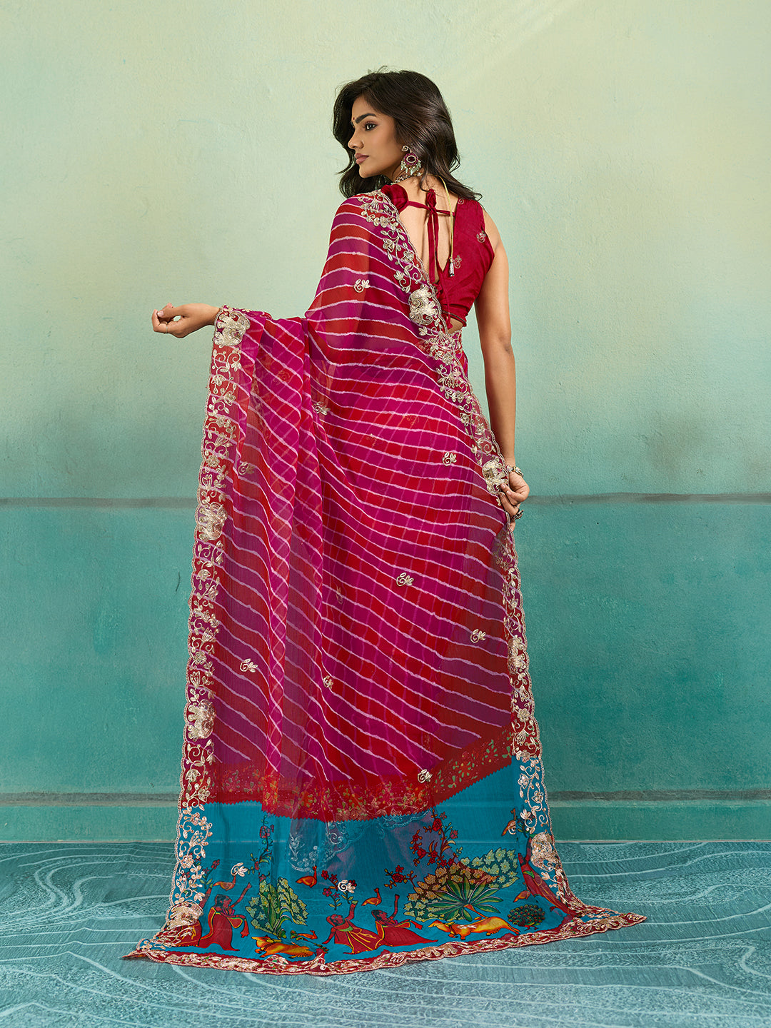 KcPc New Premium Leheriya Kalamkari Style Saree Crafted in Soft Chiffon Georgette FabricVND