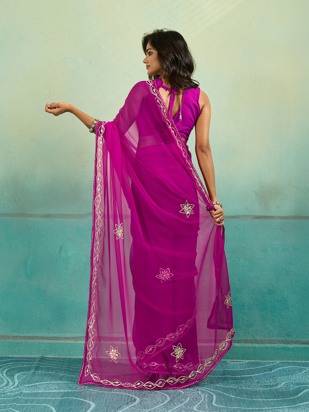 KcPc New Beautiful Chiffon Bollywood Style Gotapatti Work Saree MHS