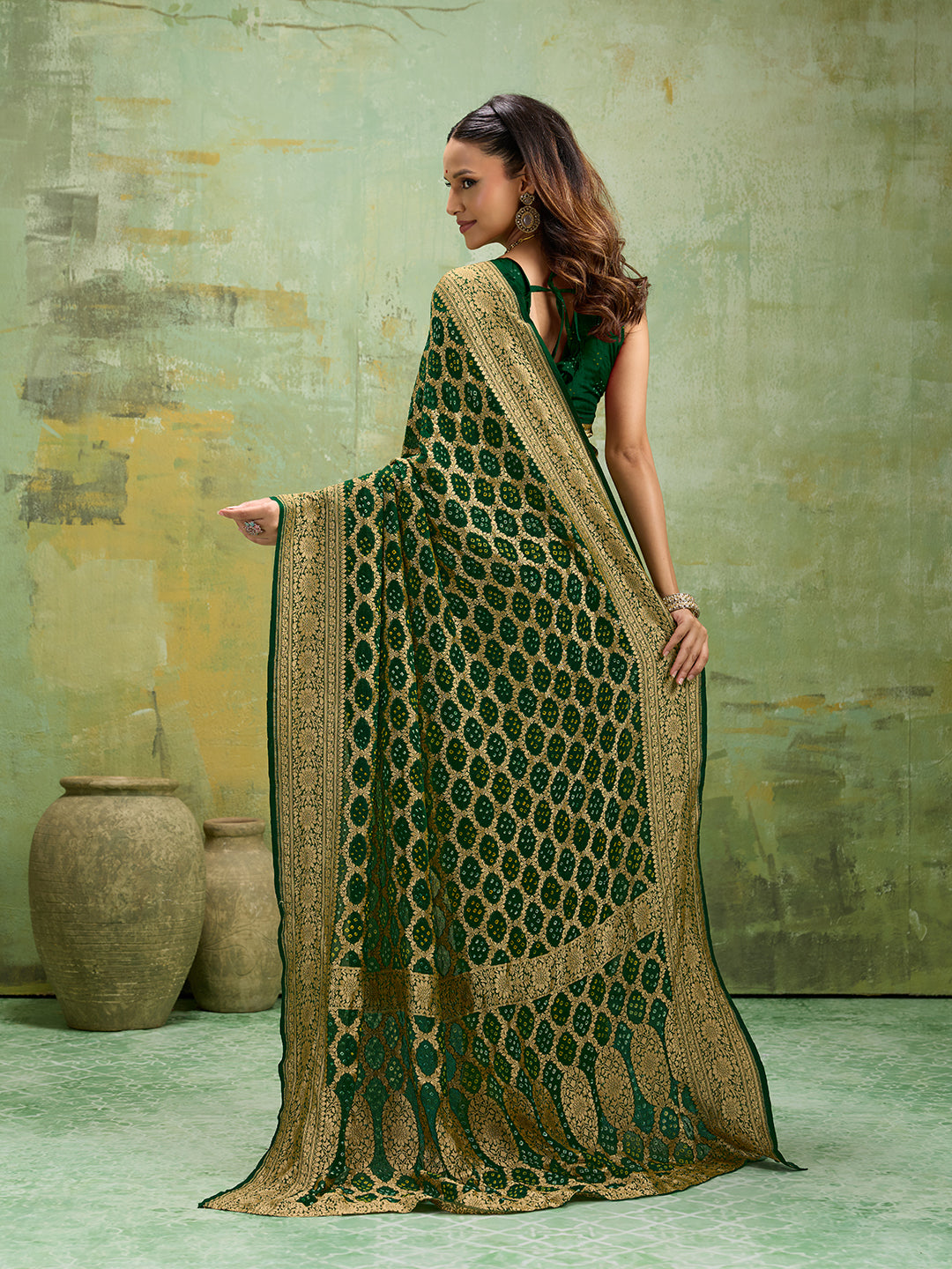 KcPc Latest New Launch Pure Khaddi Georgette Upada Neemzari Bandhej SareeBottle Green