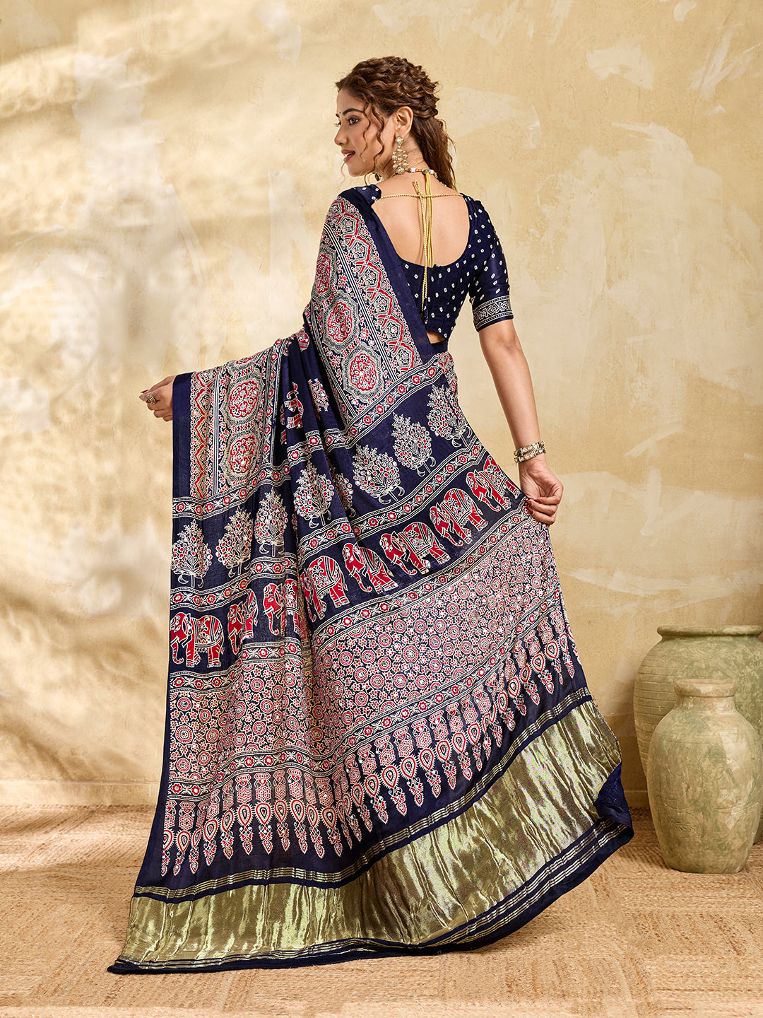 Buy Modal Silk Ajrakh Style With Mirror Work KcPc