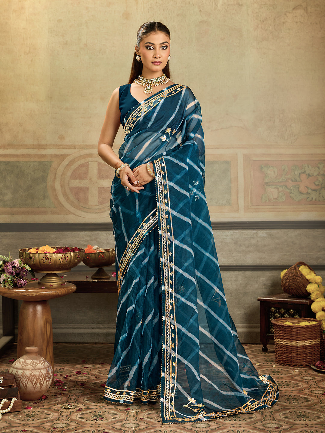 KcPc New Arrival Organza Leheriya Style With Gotapatti Work Saree MHS