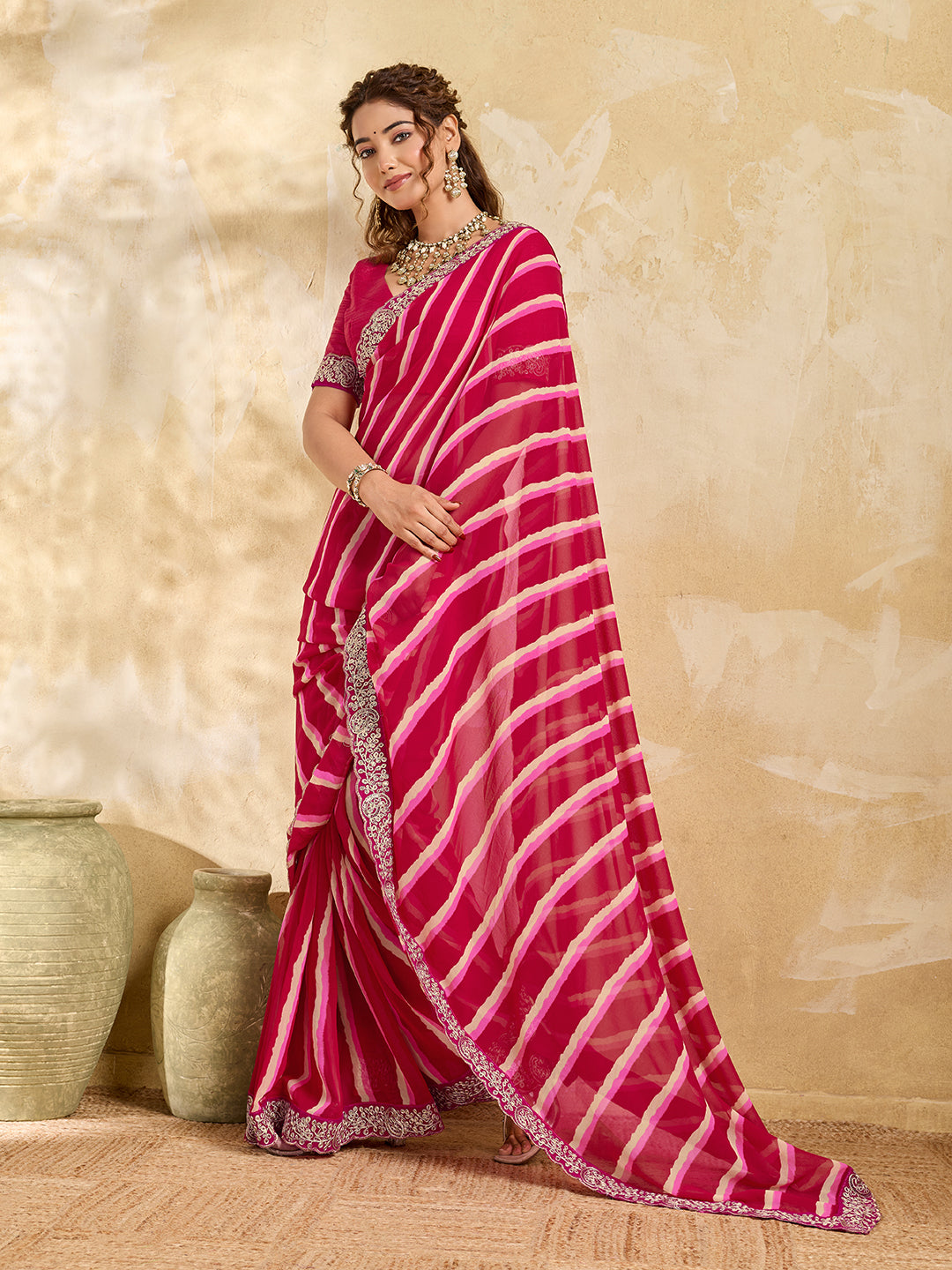 Chiffon Leheriya Style With Embroidery Border Work Saree in pink colour