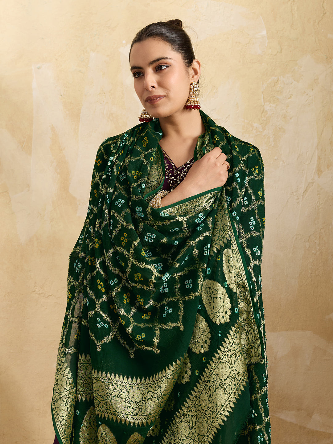 KcPc Pure Georgette Banarasi Bandhani Dupatta Bottle Green