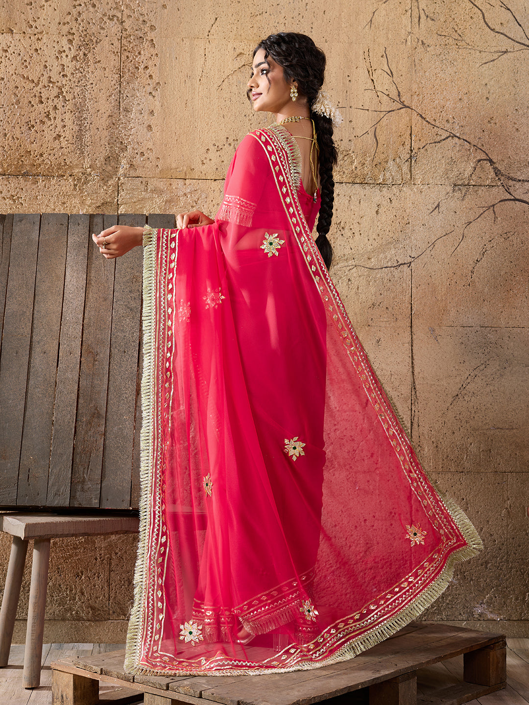 KcPc New Elegant Pure Georgette Kacha Gotapatti Work Saree for Festive OccasionsMHS