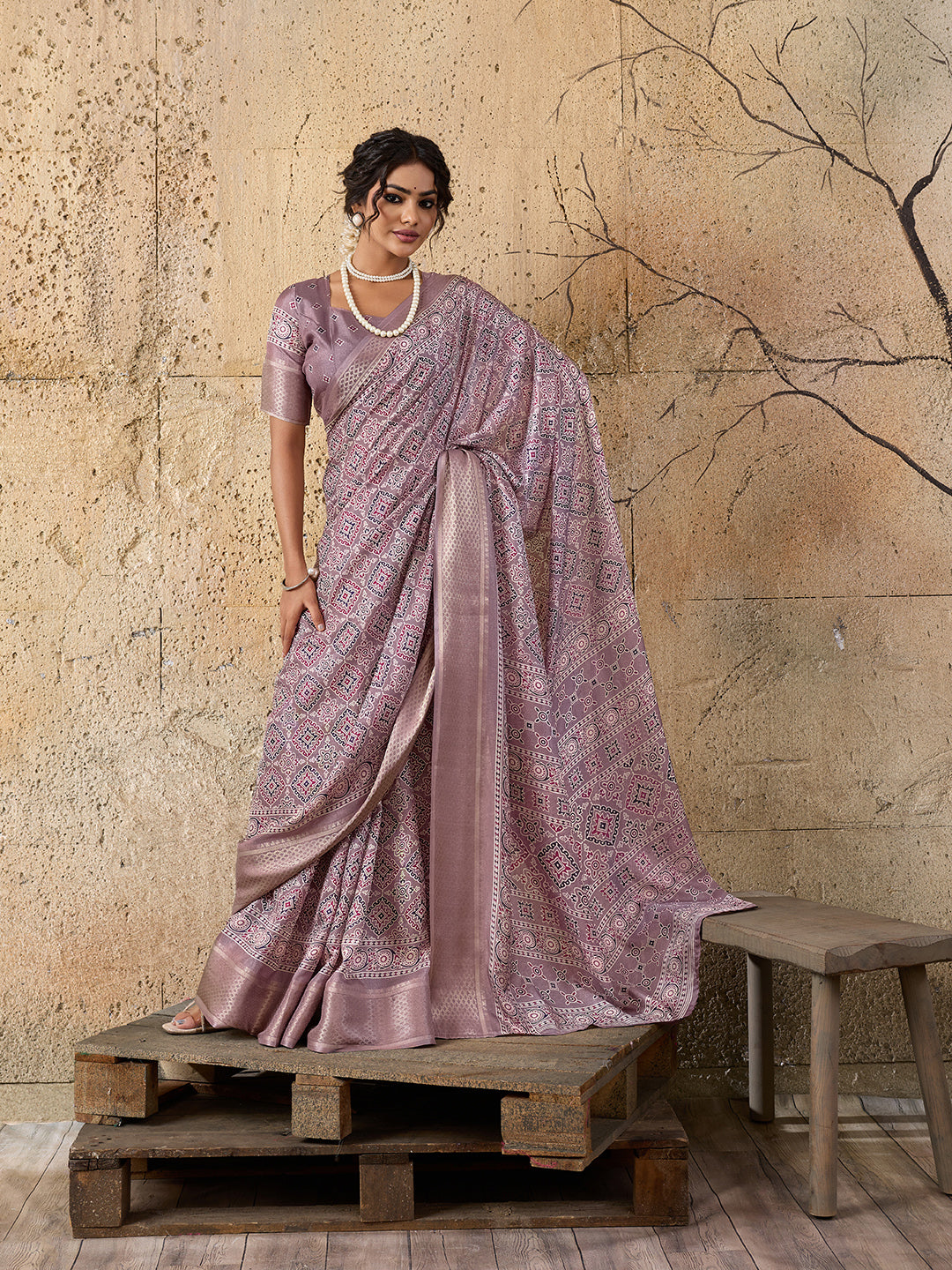 Buy Ajrakh style With Ajrakh HandPrint Work Saree