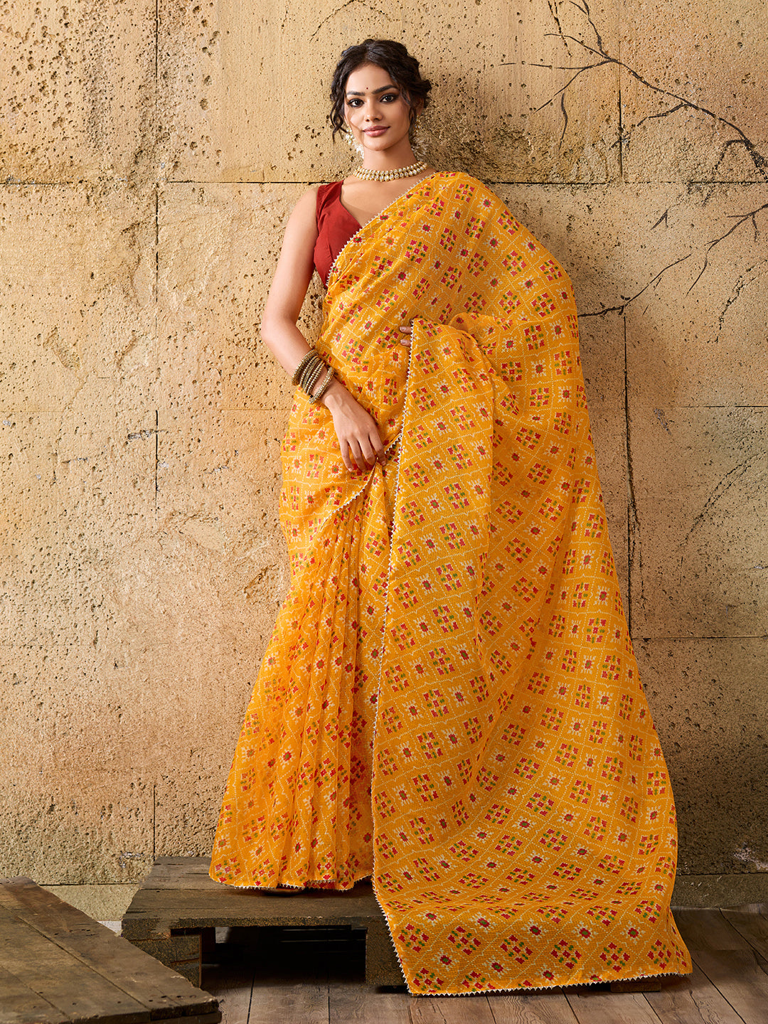 Kota Doria Saree in yellow colour under 1000