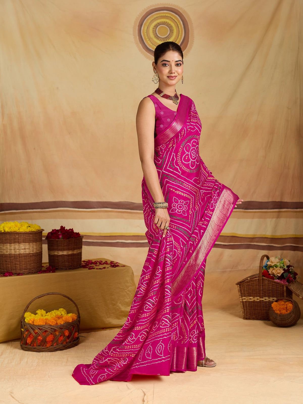 KcPc New Spiceal Cotton Silk Bandhani Style With Zari Border Work Saree STL