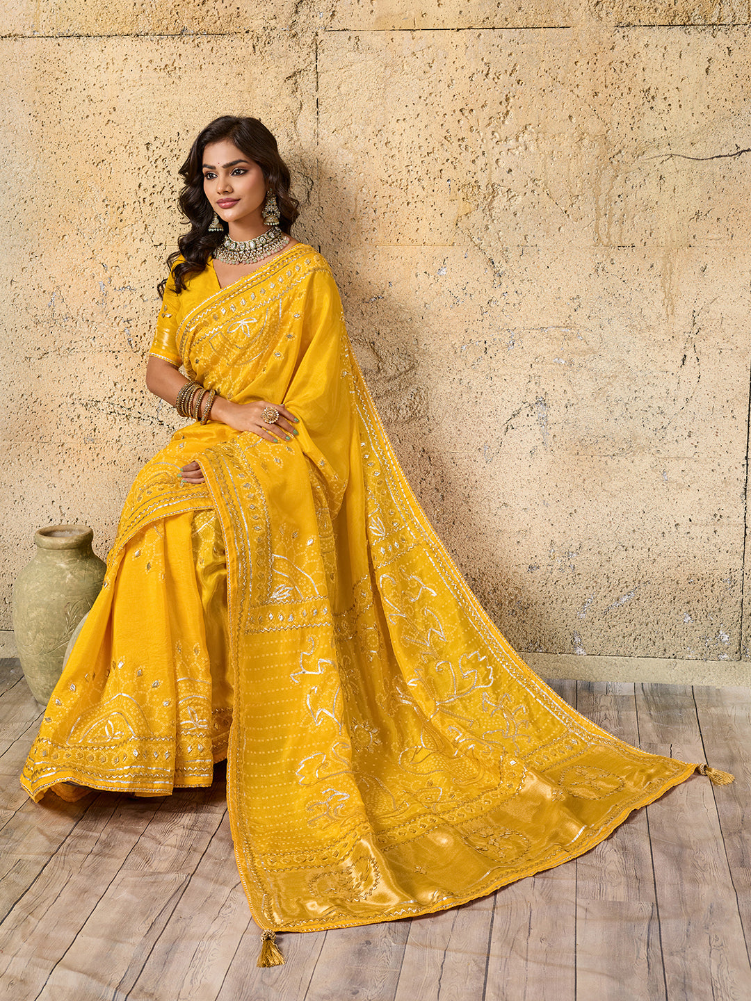 KcPc Royal Bandhani with Kachha Gota Patti Glow Modal Silk SareeAMT