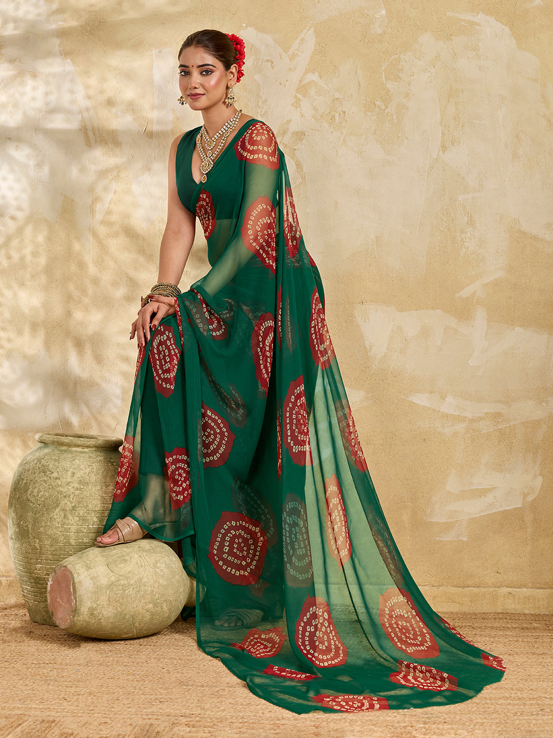 Agreen saree with bandhani print under 500