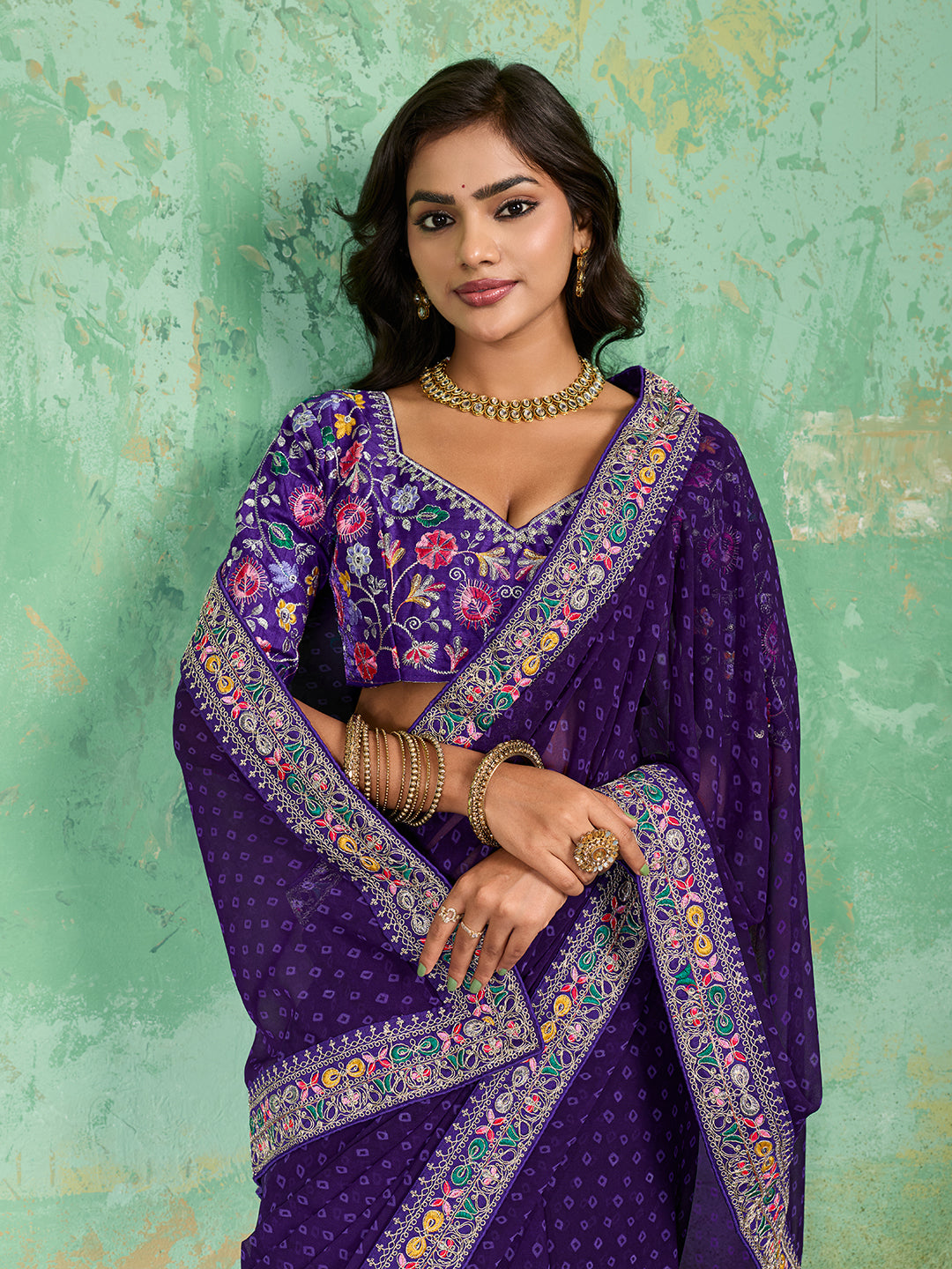 Georgette Bandhani With Gotapatti Work Sareein blue colour